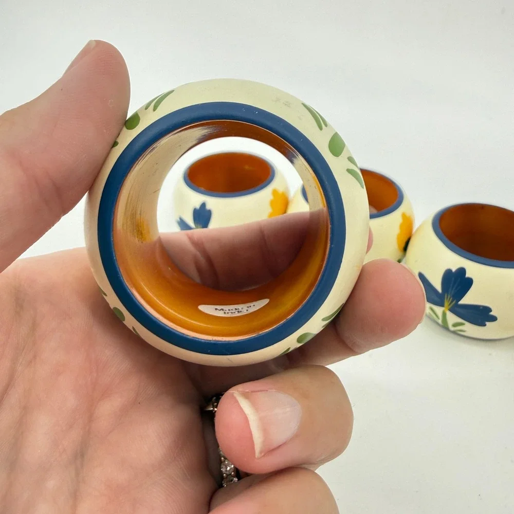 Vintage Floral Napkin Rings Set of 6 Cream Blue Yellow Hand Painted Ceramic